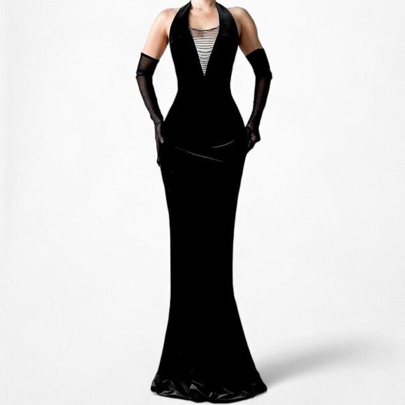 Vintage Black Velvet V-Neck Bodycon Maxi Cocktail Formal Prom Dress Size M/L - Picture 3 of 7